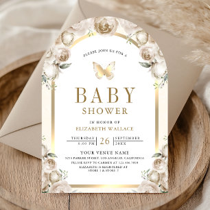 Ivory Cream Floral Arch Butterfly Baby Shower Invitation