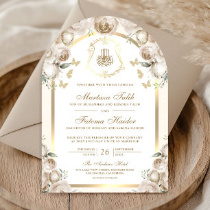 Ivory Cream Floral Gold Arch Muslim Wedding Invitation