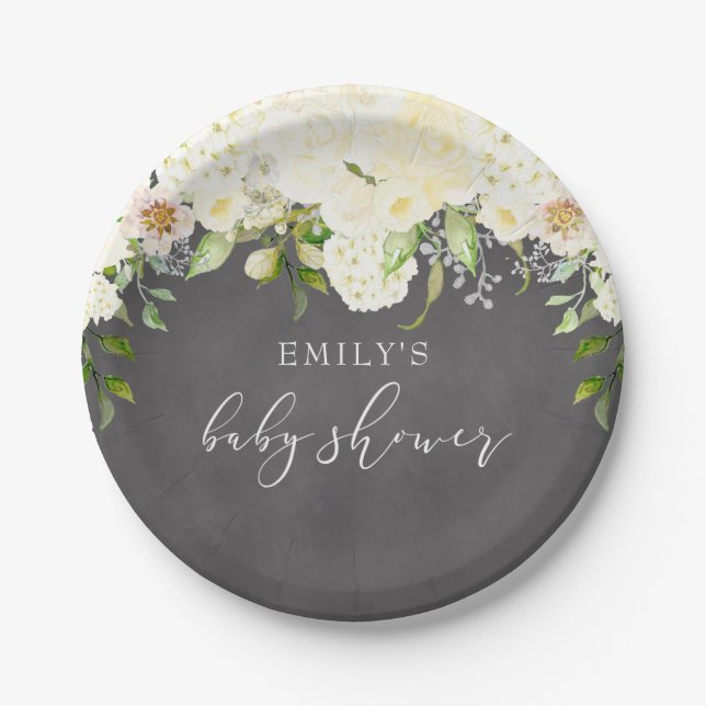Ivory Cream Floral Greenery Chalkboard Baby Shower Paper Plate (Front)