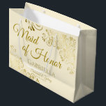 Ivory Cream & Gold Elegant Maid of Honour Wedding Large Gift Bag<br><div class="desc">This beautiful gift bag is designed as a wedding gift or favour bag for the Maid of Honour. It features a beautiful ivory or cream coloured background with ornate golden faux foil curls and swirls in the corners. The gold script lettering reads "Maid of Honour" with a place to enter...</div>