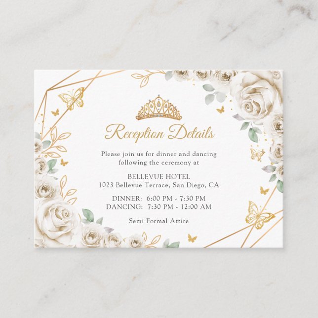 Ivory Cream Gold Floral Quinceanera  Details Enclosure Card (Front)