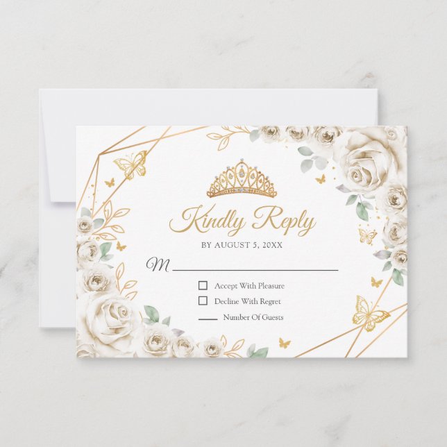 Ivory Cream Gold Floral Quinceanera Reply RSVP Card (Front)