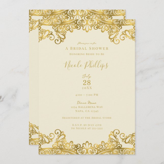 Ivory Cream & Gold Lace Elegant Bridal Shower   Invitation (Front/Back)