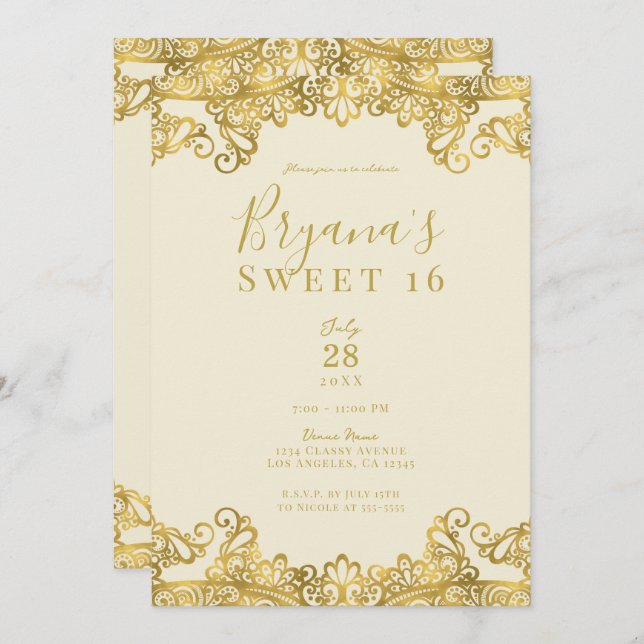 Ivory Cream & Gold Lace Elegant Sweet 16 Party  Invitation (Front/Back)