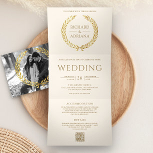 Ivory Cream Gold Laurel Minimal QR Code Wedding Tri-Fold Invitation