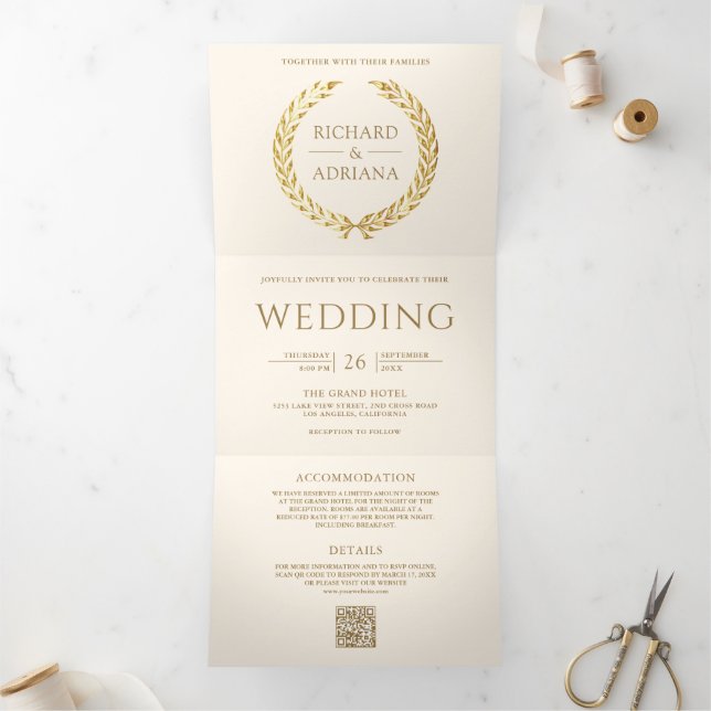 Ivory Cream Gold Laurel Minimal QR Code Wedding Tri-Fold Invitation (Inside)