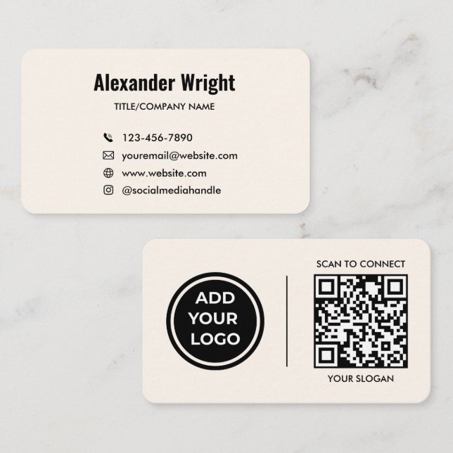 Ivory Cream Logo Scan Code Contact Business Card  (Front/Back)