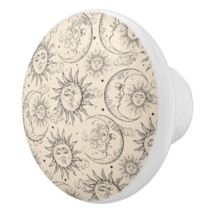 Ivory Cream Magic Vintage Celestial Sun Moon Stars Ceramic Knob