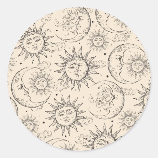Ivory Cream Magic Vintage Celestial Sun Moon Stars Classic Round Sticker (Front)