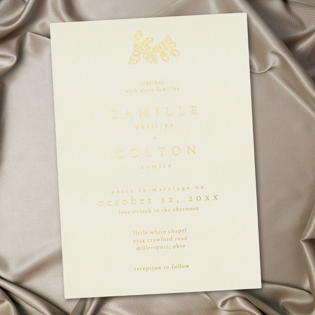 Ivory Cream Minimalist Leaf Acorn Fall Wedding (Ivory Cream Minimalist Leaf Acorn Fall Wedding Foil Invitation)
