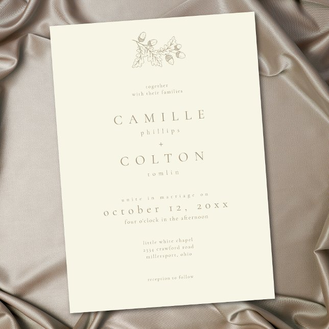 Ivory Cream Minimalist Leaf Acorn Fall Wedding Invitation (Ivory Cream Minimalist Leaf Acorn Fall Wedding Invitation)
