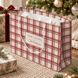 Ivory Cream Red Vintage Tartan Plaid Christmas Large Gift Bag