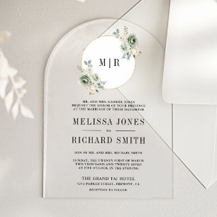 Ivory Cream Sage Green Floral Wedding Acrylic Invitations
