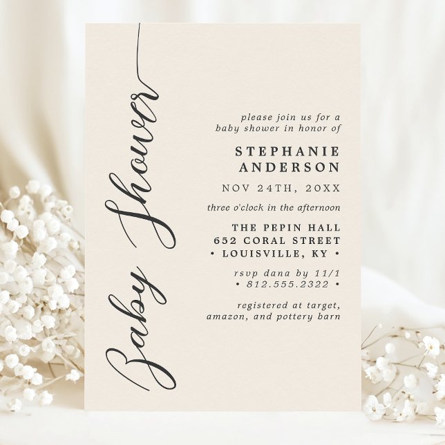 Ivory Cream Simple Modern Script Baby Shower Invitation (Creator Uploaded)