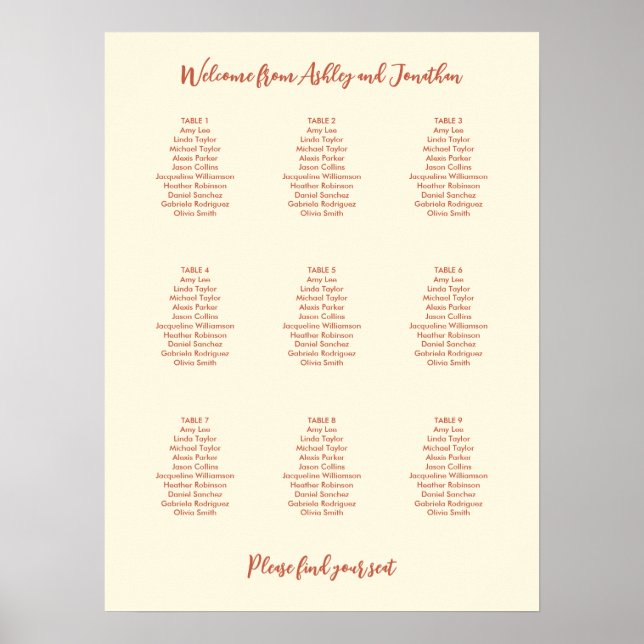 Ivory Cream Terracotta 9 Table Seating Chart (Front)