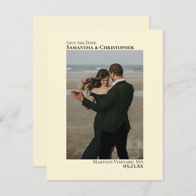 Ivory Cream Vertical Photo Minimalist Wedding Save The Date (Front/Back)