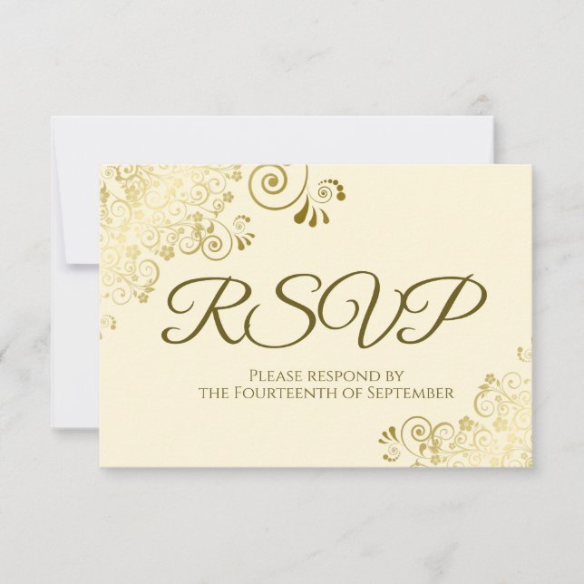 Ivory Cream with Elegant Gold Lace Frilly Wedding RSVP Card (Front)