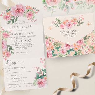 Ivory crème peach and pink floral Budget Wedding All In One Invitation
