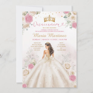 Ivory Creme Princess Dress Dusty Rose Quinceañera Invitation