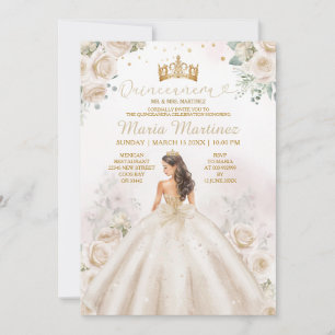 Ivory Creme Princess Dress Gold Crown Quinceañera Invitation