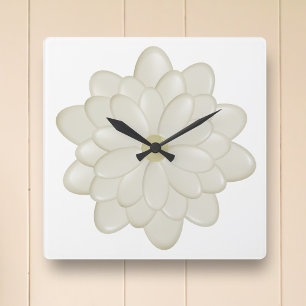 Ivory Daisy Flower on White Square Wall Clock