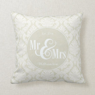 Ivory Damask "Mr & Mrs" pillow, personalised Cushion
