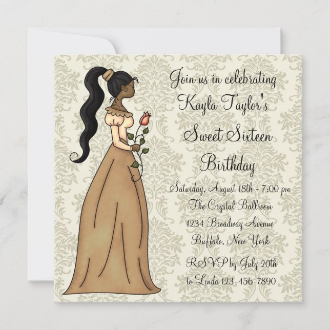 Ivory Damask Princess Sweet 16 Party Invitation (Front)