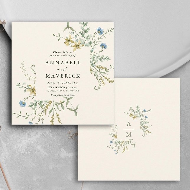 Ivory Delicate Wildflower Modern Boho Wedding  Invitation (Front & Back)