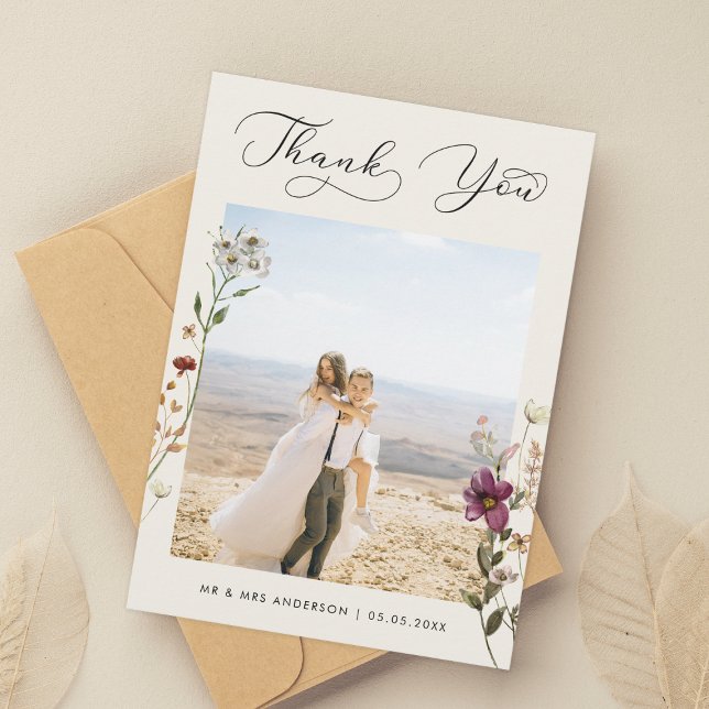 Ivory Delicate Wildflowers Photo Wedding Thank You (Creator Uploaded)