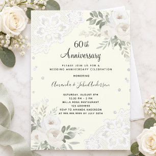 Ivory diamonds florals 60th wedding anniversary invitation