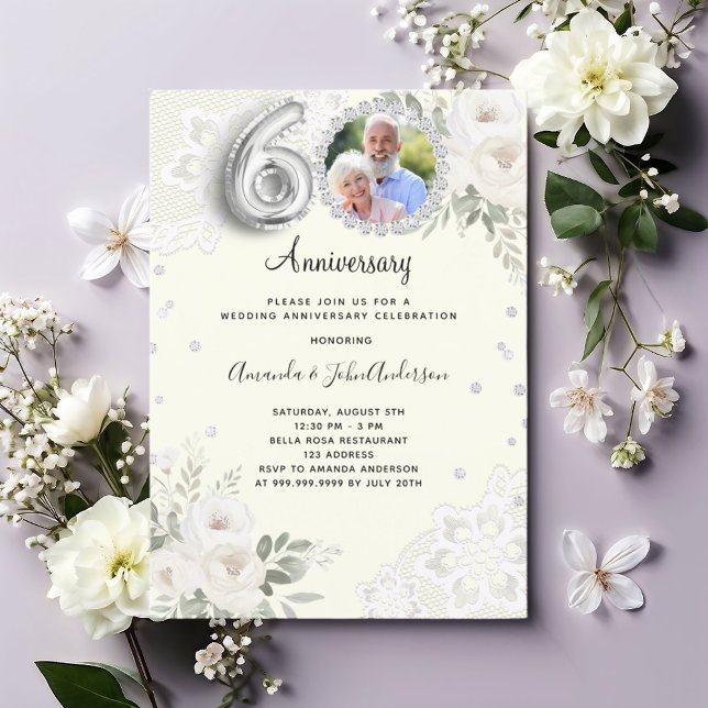 Ivory diamonds florals 60th wedding anniversary invitation (Creator Uploaded)