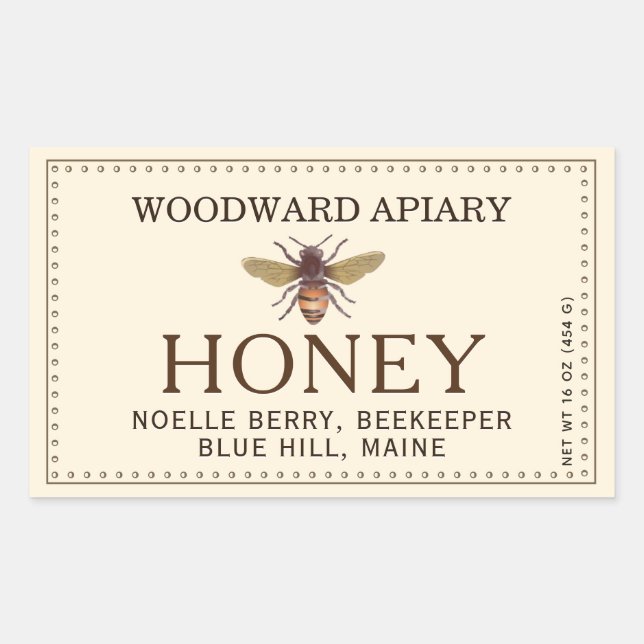 Ivory Double Border Honey Label with Honeybee (Front)