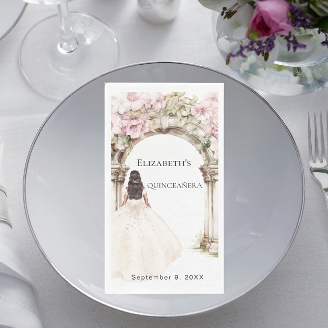 Ivory dress pink florals arch Quinceanera Napkin (Creator Uploaded)