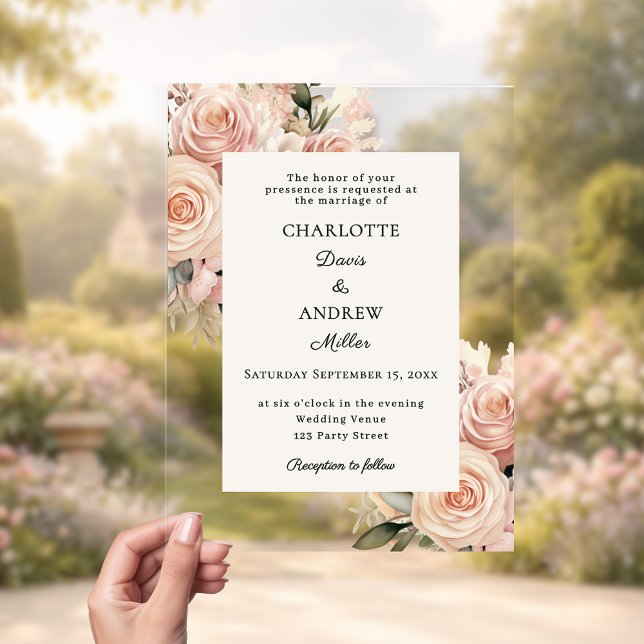 Ivory dusty rose florals luxury wedding acrylic invitations (Creator Uploaded)