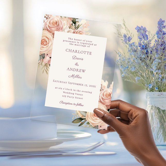 Ivory dusty rose florals luxury wedding acrylic invitations (Creator Uploaded)