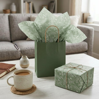 Ivory Ecru Leaves Floral Art Pattern On Sage Green Tissue Paper