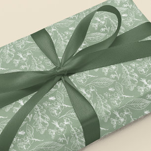 Ivory Ecru Leaves Floral Art Pattern On Sage Green Wrapping Paper
