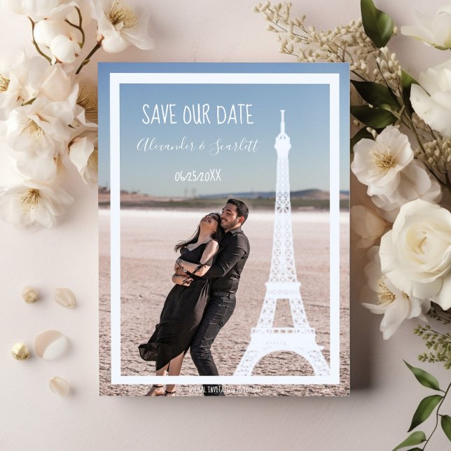 Ivory Eiffel Tower Photo Save The Date Announcement (Ivory Eiffel Tower Photo Save the Date)