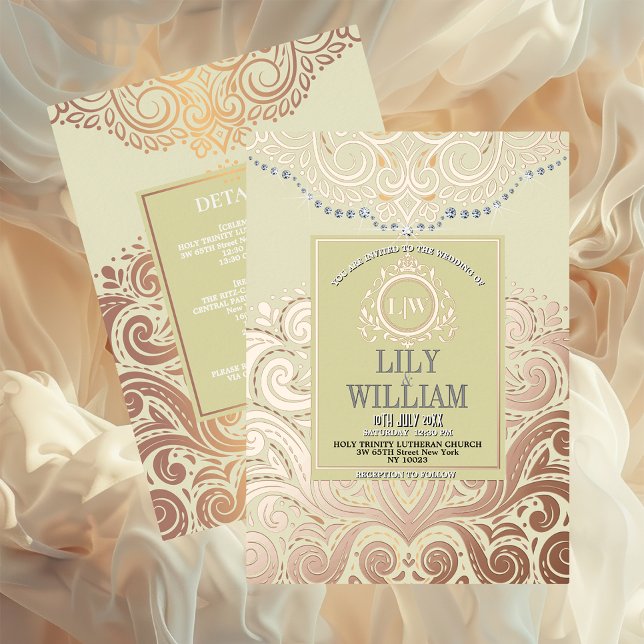 Ivory Elegant Artdeco Diamond Monogram Wedding (Luxurious Elegant Classic Boho Wedding Invitation - Real Foil and Monogram)