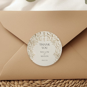 Ivory Elegant Embossed Thank You Wedding Classic Round Sticker