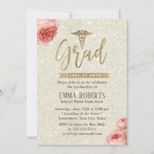 Ivory Elegant Floral Gold Medical Nurse Graduation Invitation