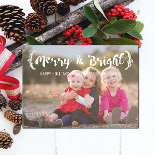 Ivory Elegant Sketched Merry & Bright Photo Holiday Card