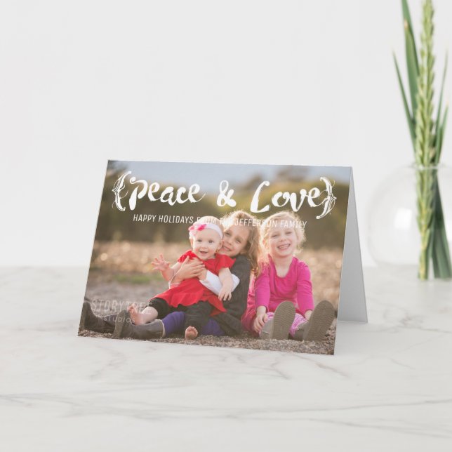 Ivory Elegant Sketched Peace & Love Holiday Photo Card (Front)