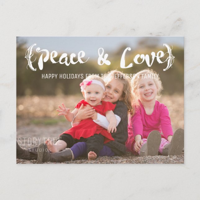 Ivory Elegant Sketched Peace & Love Holiday Photo Postcard (Front)