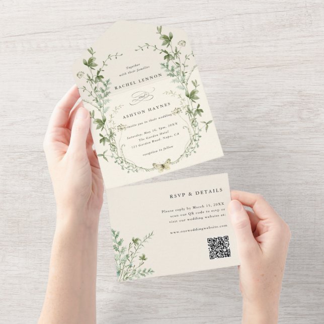 Ivory Elegant Wildflower QR Code Wedding All In One Invitation (Tearaway)