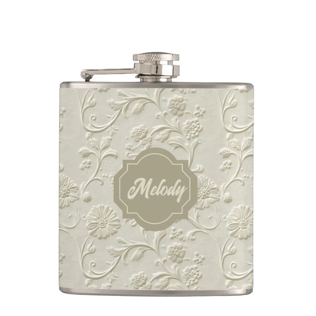 Ivory Embossed Floral Vinyl Wrapped Flask (Front)
