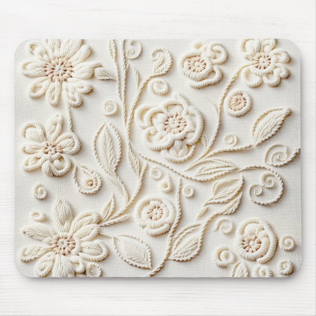 Ivory Embroidered Floral Design Mouse Pad (Front)