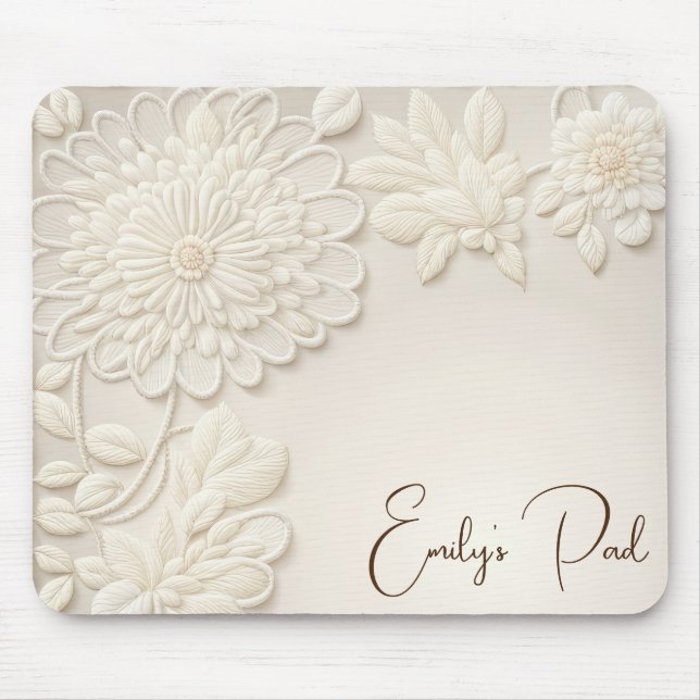 Ivory Embroidered Floral With Name Mouse Pad (Front)