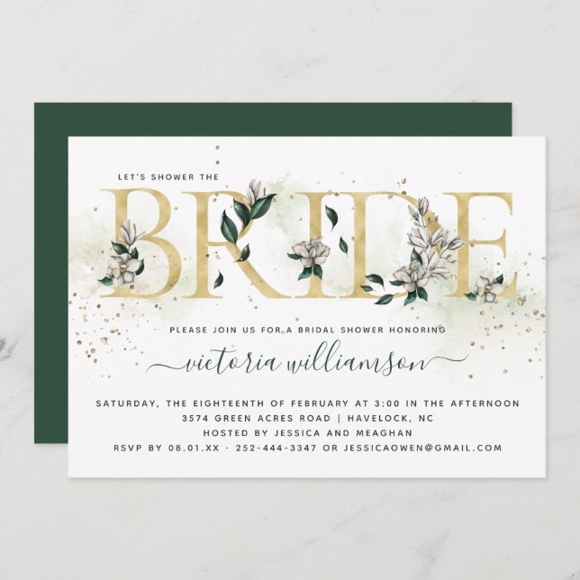 Ivory Emerald Gold Magnolia Floral Bridal Shower Invitation (Front/Back)