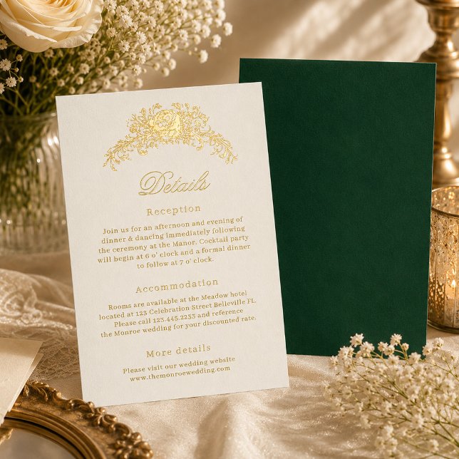 Ivory Emerald Green Regency Wedding Details Card (Creator Uploaded)